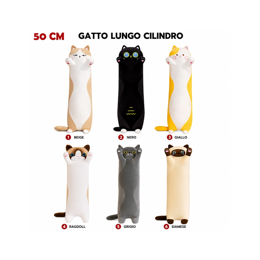 Peluche Gatto Lungo Cilindro 50 cm - 6 Varianti Colore