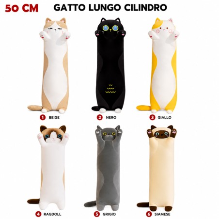 Peluche Gatto Lungo Cilindro 50 cm - 6 Varianti Colore