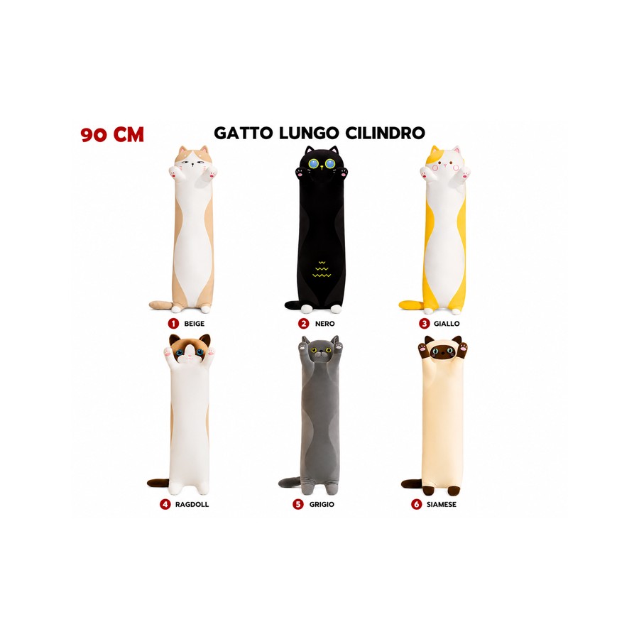 Peluche Gatto Lungo Cilindro 90 cm – 6 Varianti di Colore – Assemblato in Italia