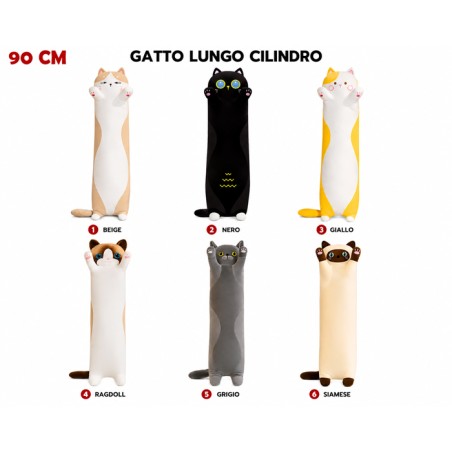 Peluche Gatto Lungo Cilindro 90 cm – 6 Varianti di Colore – Assemblato in Italia