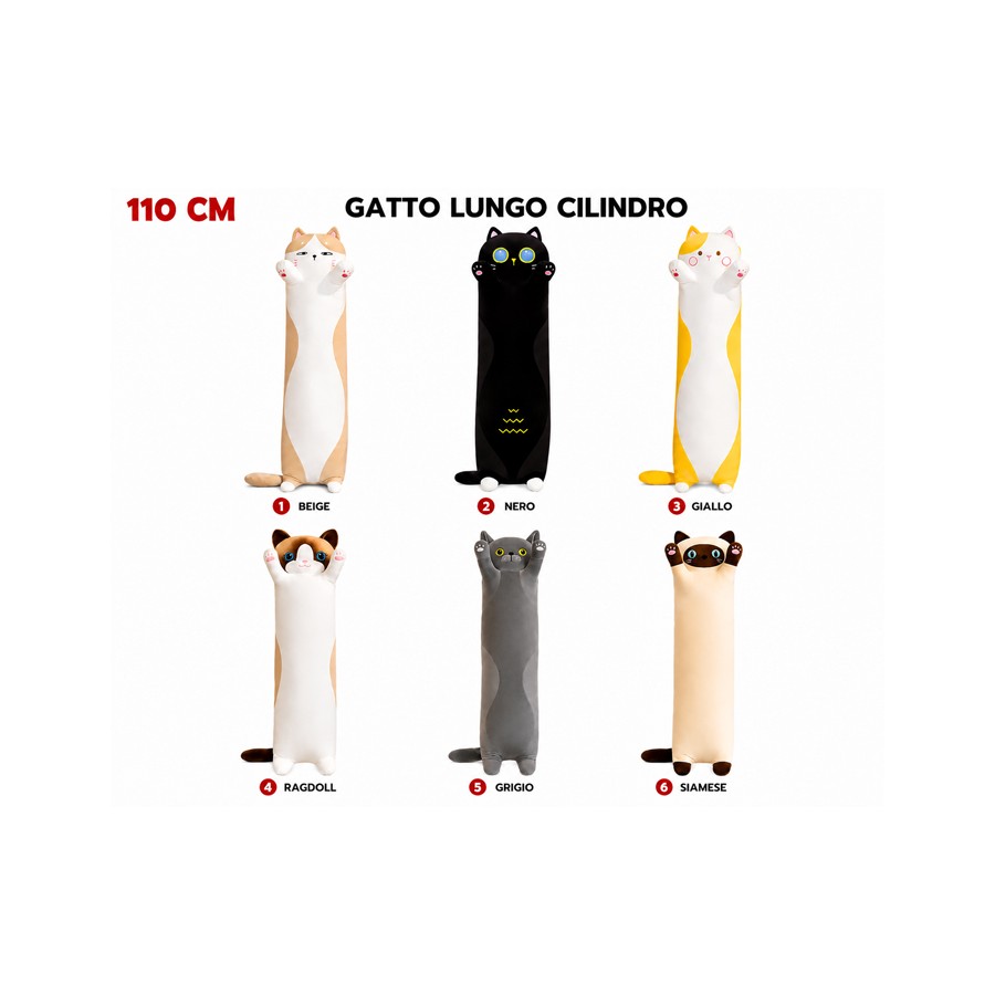 Peluche Gatto Lungo Cilindro 110 cm XXL - 6 Varianti Colore